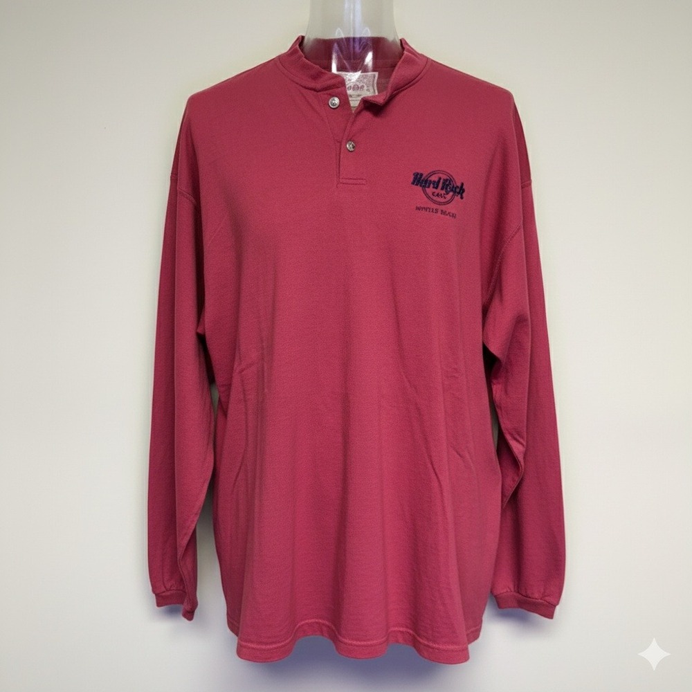 Vntg Hard Rock Cafe Henley Shirt Mens XL Red Myrtle Beach Embroidered Logo 90s